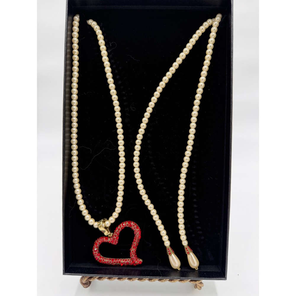 Heidi Daus Red Crystal Heart Lariat Necklace Cream Pearl Strand Bronzetone